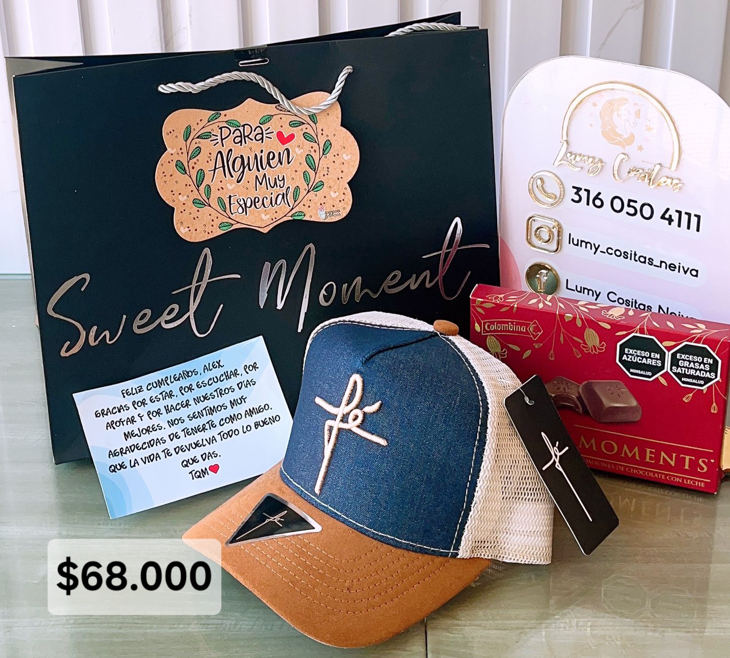 13.GORRA, CHOCOLATE Y BOLSA DE REGALO 🧢 $68.000 🍫