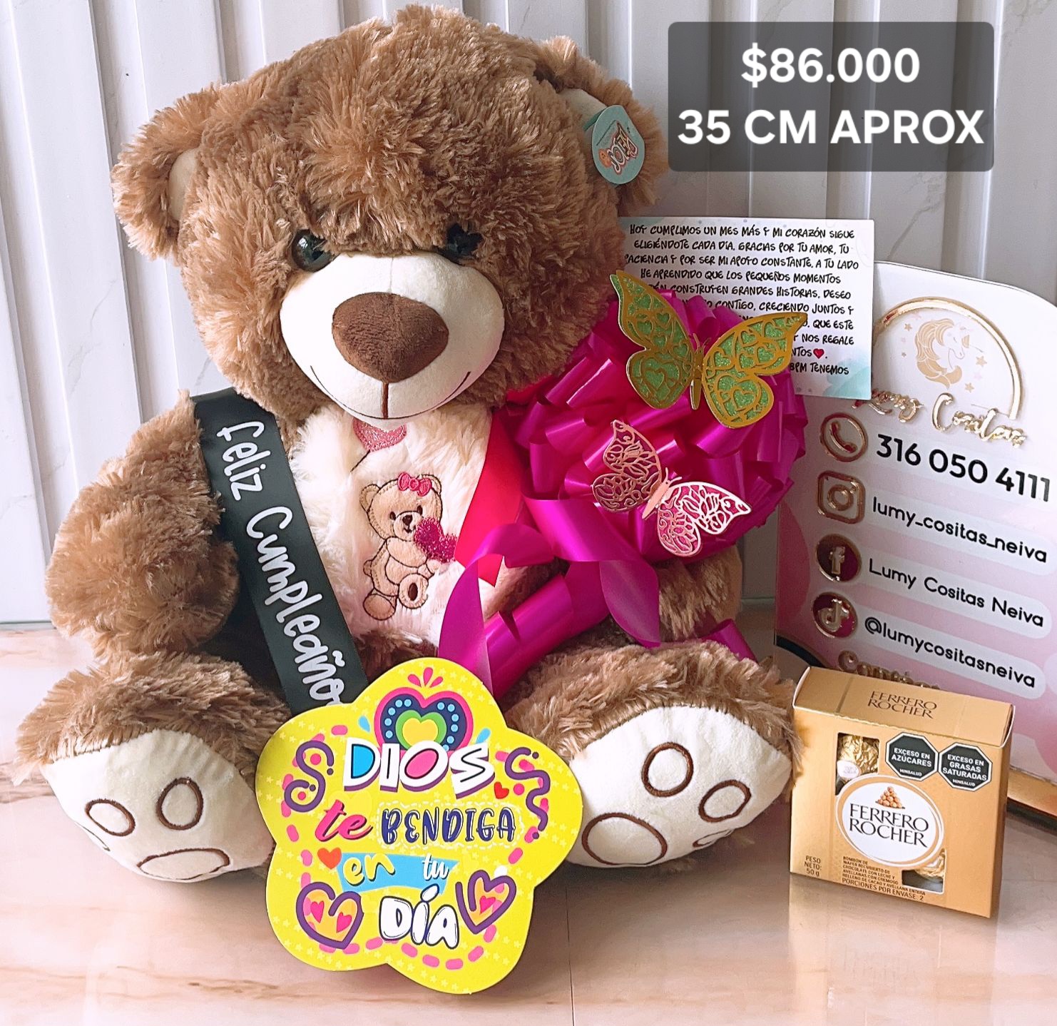 05. PELUCHE DECORADO Y PERFUMADO, CHOCOLATES 🧸CON CINTA PERSONALIZADA 🧸 MOÑO Y CARTA DEDICATORIA. 😍