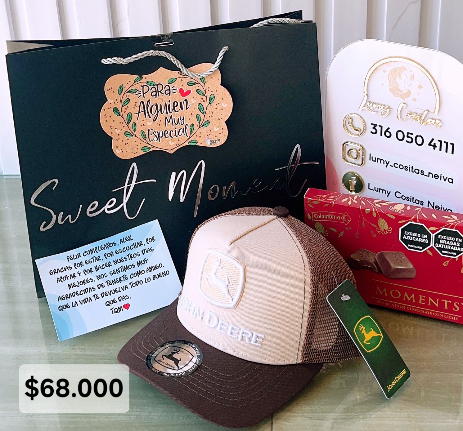 14.GORRA, CHOCOLATE Y BOLSA DE REGALO 🧢 $68.000 🍫