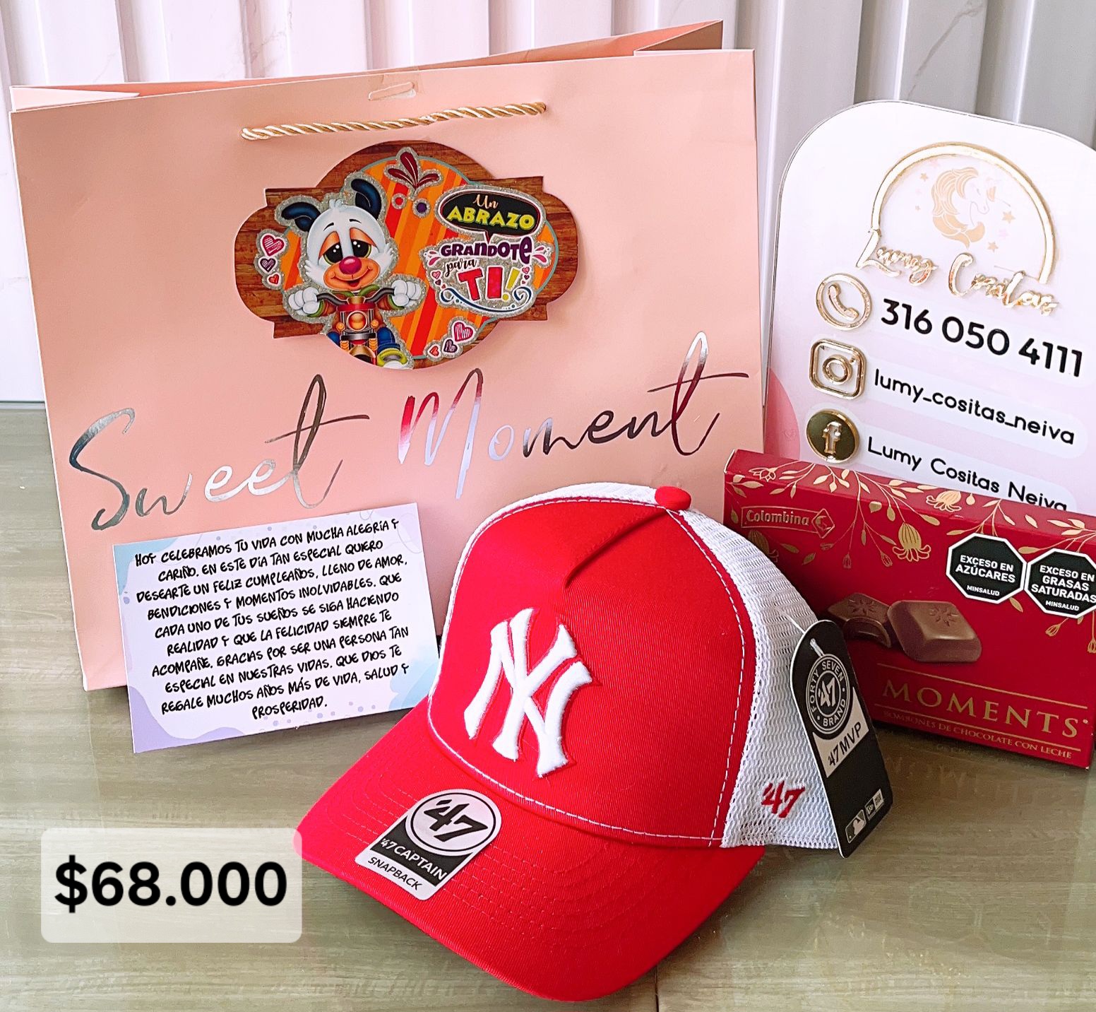 11.GORRA, CHOCOLATE Y BOLSA DE REGALO 🧢 $68.000 🍫