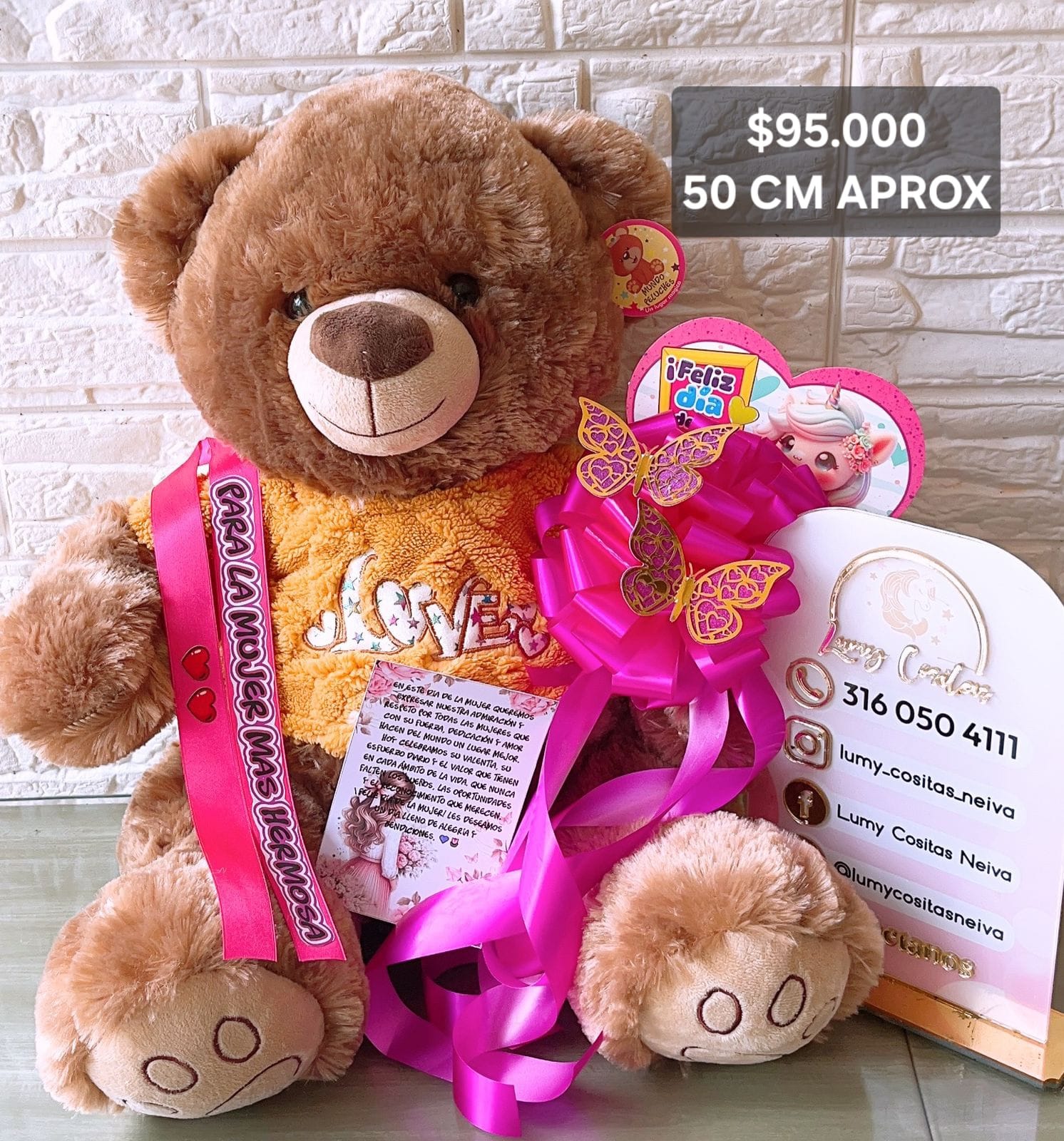 08. PELUCHE DECORADO Y PERFUMADO 🧸CON CINTA PERSONALIZADA 🧸 MOÑO Y CARTA DEDICATORIA. 😍