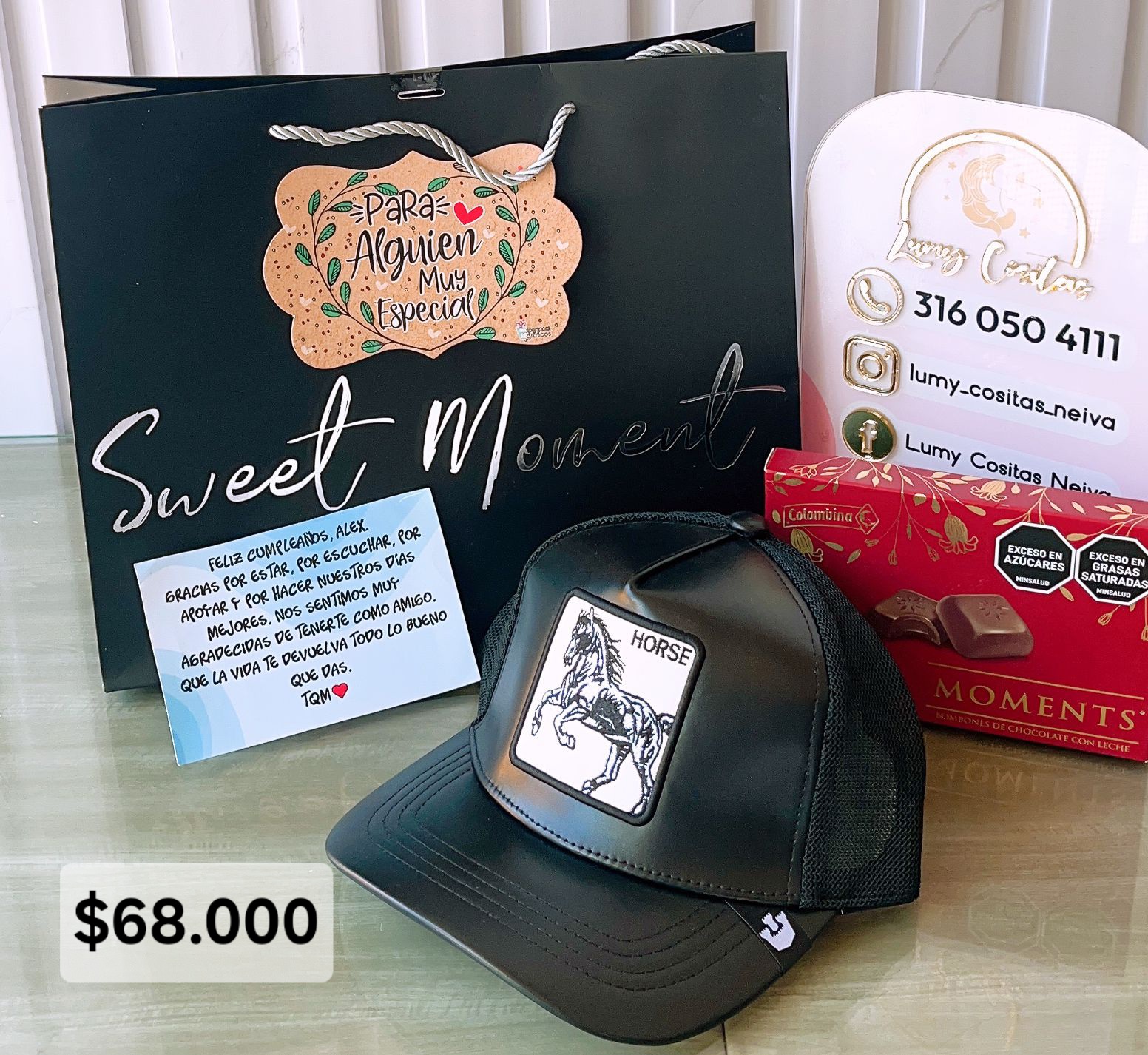 17.GORRA, CHOCOLATE Y BOLSA DE REGALO 🧢 $68.000 🍫