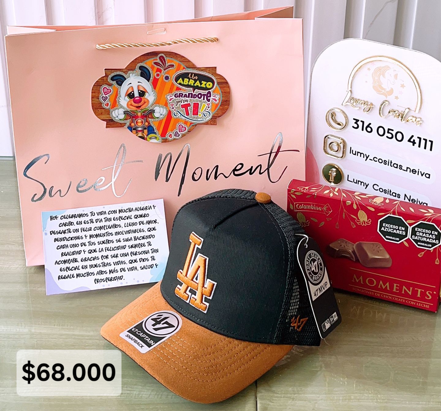 13.GORRA, CHOCOLATE Y BOLSA DE REGALO 🧢 $68.000 🍫