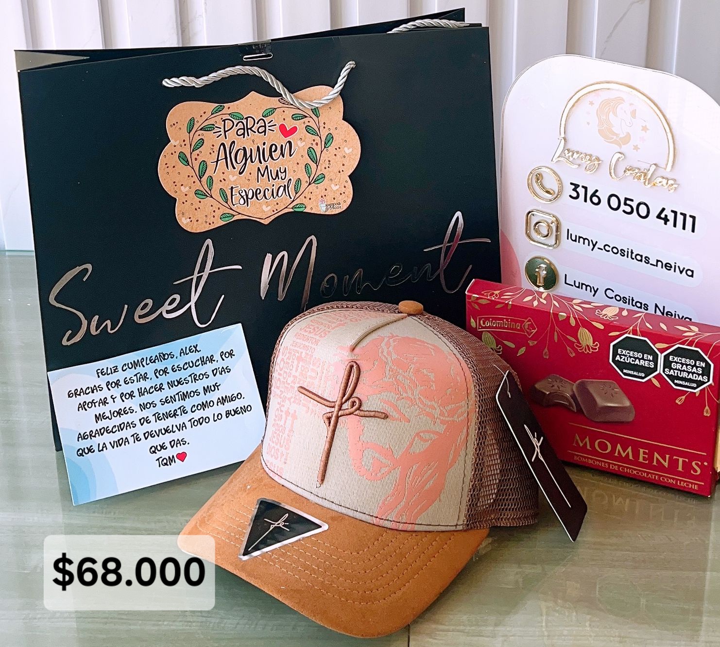 12.GORRA, CHOCOLATE Y BOLSA DE REGALO 🧢 $68.000 🍫