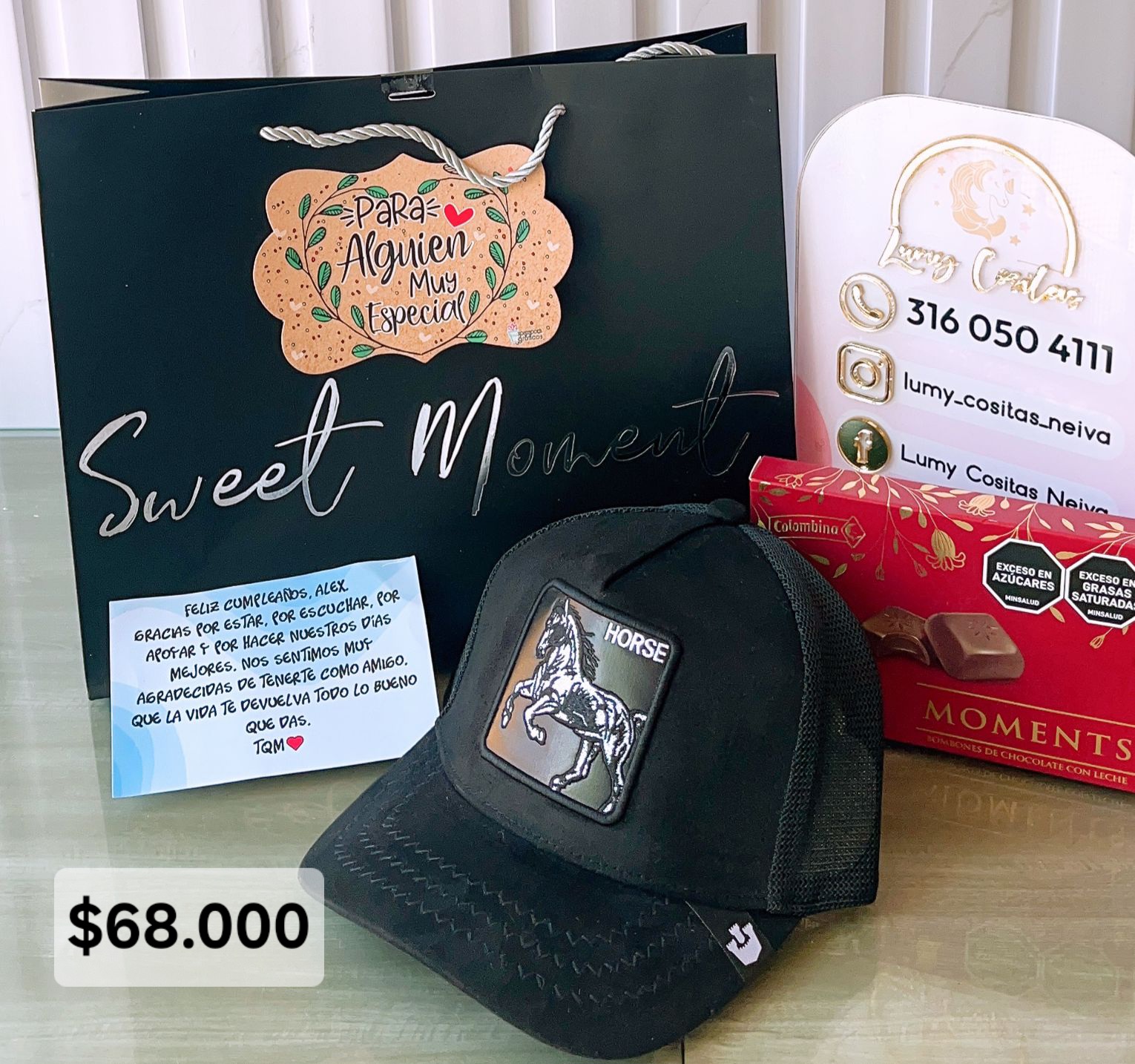 20.GORRA, CHOCOLATE Y BOLSA DE REGALO 🧢 $68.000 🍫