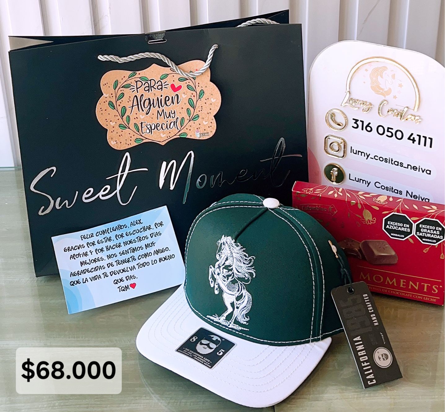 16.GORRA, CHOCOLATE Y BOLSA DE REGALO 🧢 $68.000 🍫