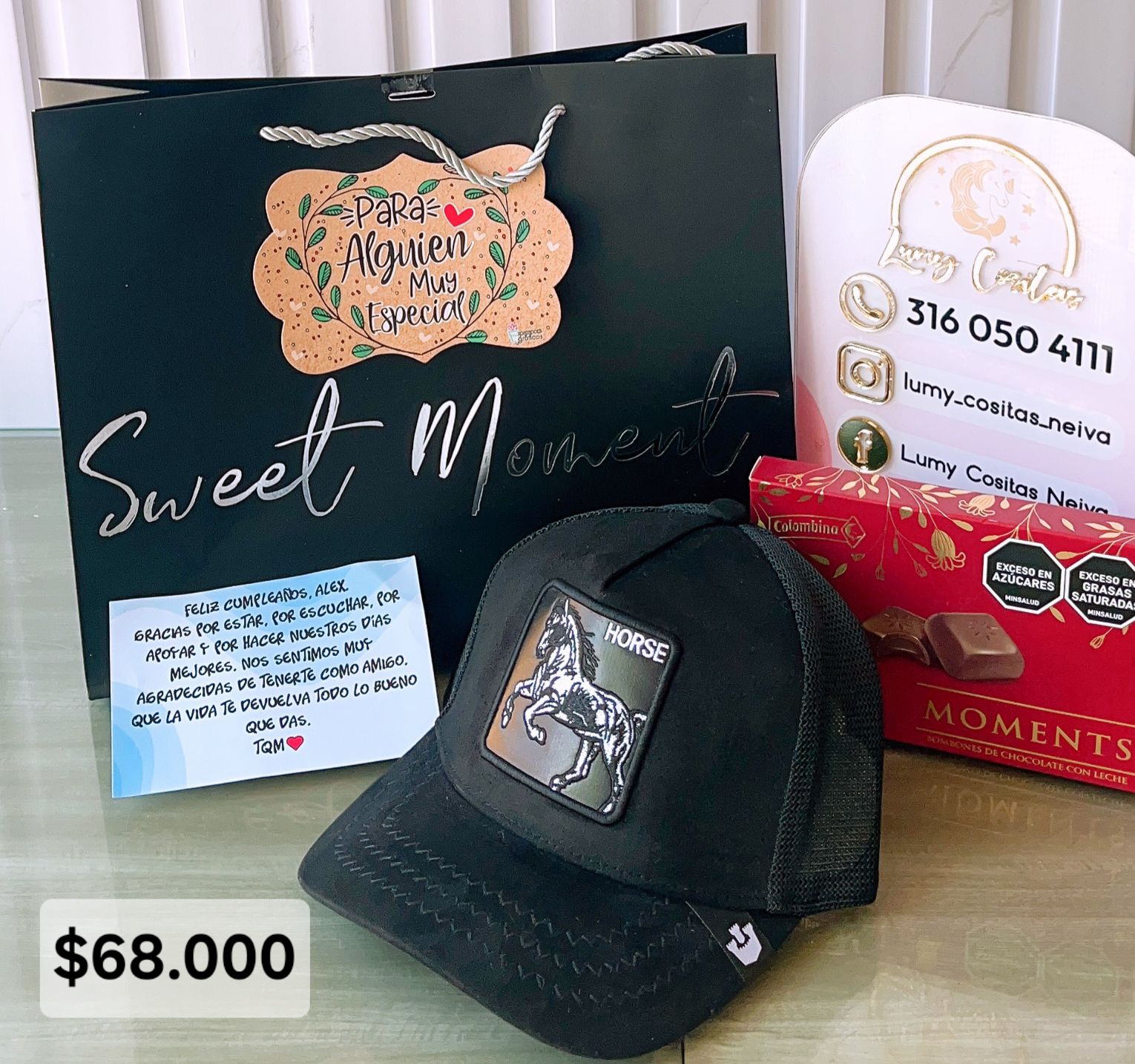 19.GORRA, CHOCOLATE Y BOLSA DE REGALO 🧢 $68.000 🍫