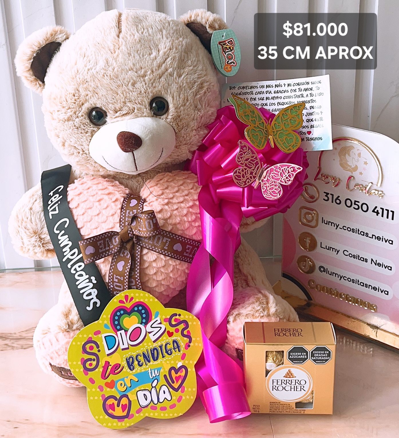 14. PELUCHE DECORADO Y PERFUMADO, CHOCOLATES 🧸CON CINTA PERSONALIZADA 🧸 MOÑO Y CARTA DEDICATORIA. 😍
