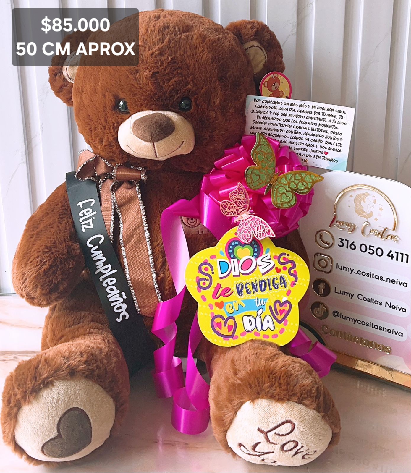 07. PELUCHE DECORADO Y PERFUMADO 🧸CON CINTA PERSONALIZADA 🧸 MOÑO Y CARTA DEDICATORIA. 😍