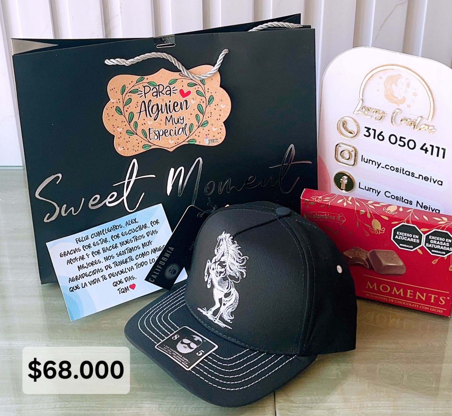 15.GORRA, CHOCOLATE Y BOLSA DE REGALO 🧢 $68.000 🍫
