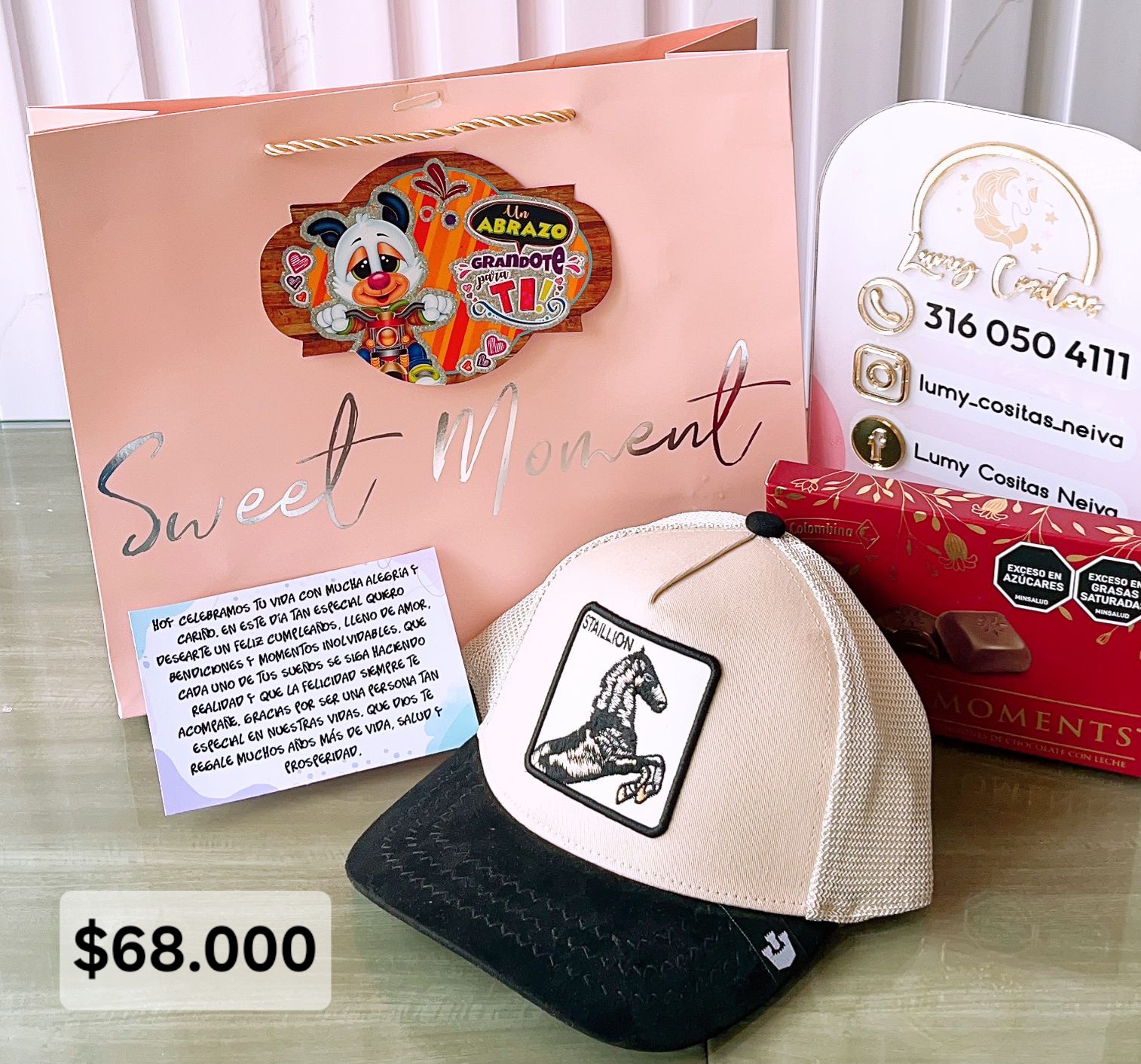 10.GORRA, CHOCOLATE Y BOLSA DE REGALO 🧢 $68.000 🍫